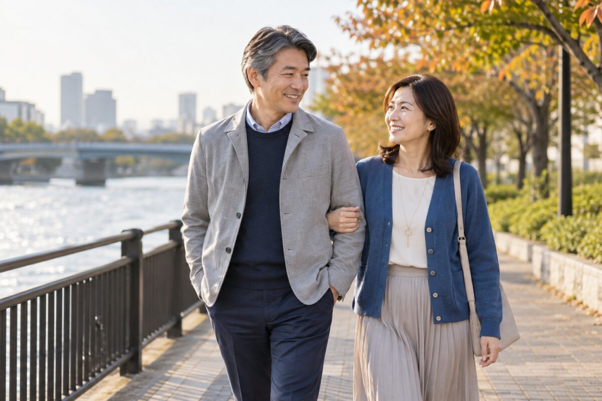 腕を組んで川沿いを歩く大人の男女のイメージ